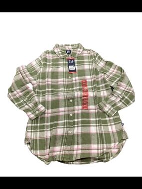 GAP Olive Green & Light Pink Plaid Button-Down Shirt